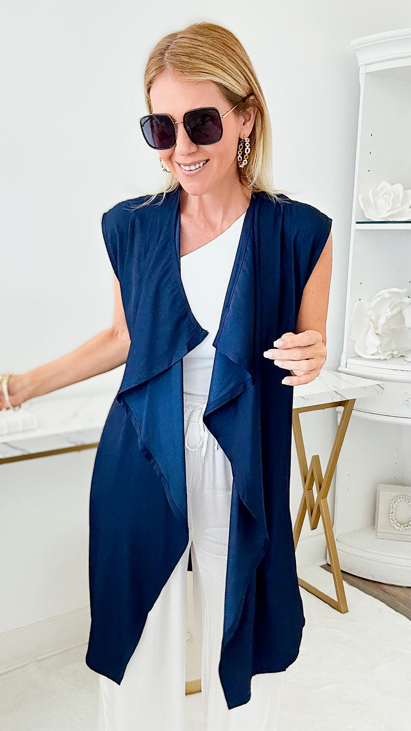Waterfall Lapel Satin Vest - Navy-150 Cardigans/Layers-Wona-Coastal Bloom Boutique, find the trendiest versions of the popular styles and looks Located in Indialantic, FL