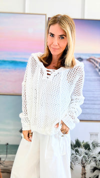 Hoodie Cable Knit Oversized Sweater - White-140 Sweaters-Miracle-Coastal Bloom Boutique, find the trendiest versions of the popular styles and looks Located in Indialantic, FL