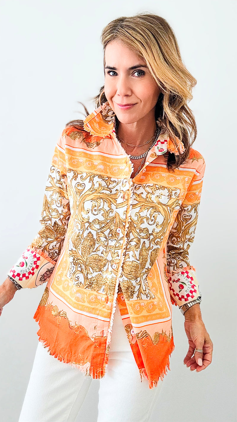 Cape Cod Capri Button Down Top - Orange-130 Long Sleeve Tops-DIZZY-LIZZIE-Coastal Bloom Boutique, find the trendiest versions of the popular styles and looks Located in Indialantic, FL