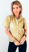 Vegan Leather Metallic Button Down Top - Champagne-110 Short Sleeve Tops-Dolce Cabo-Coastal Bloom Boutique, find the trendiest versions of the popular styles and looks Located in Indialantic, FL