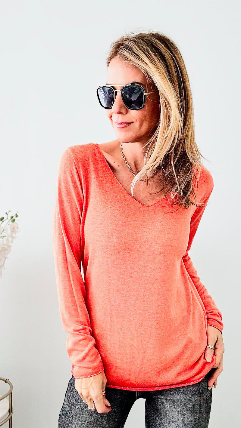 Recoleta Lurex Trim Italian Top- Orange-130 Long Sleeve Tops-Italianissimo-Coastal Bloom Boutique, find the trendiest versions of the popular styles and looks Located in Indialantic, FL