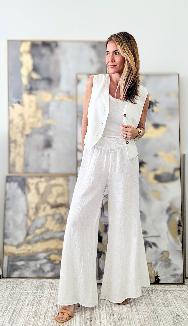 Born Free Linen Italian Palazzo - White-170 Bottoms-Italianissimo-Coastal Bloom Boutique, find the trendiest versions of the popular styles and looks Located in Indialantic, FL