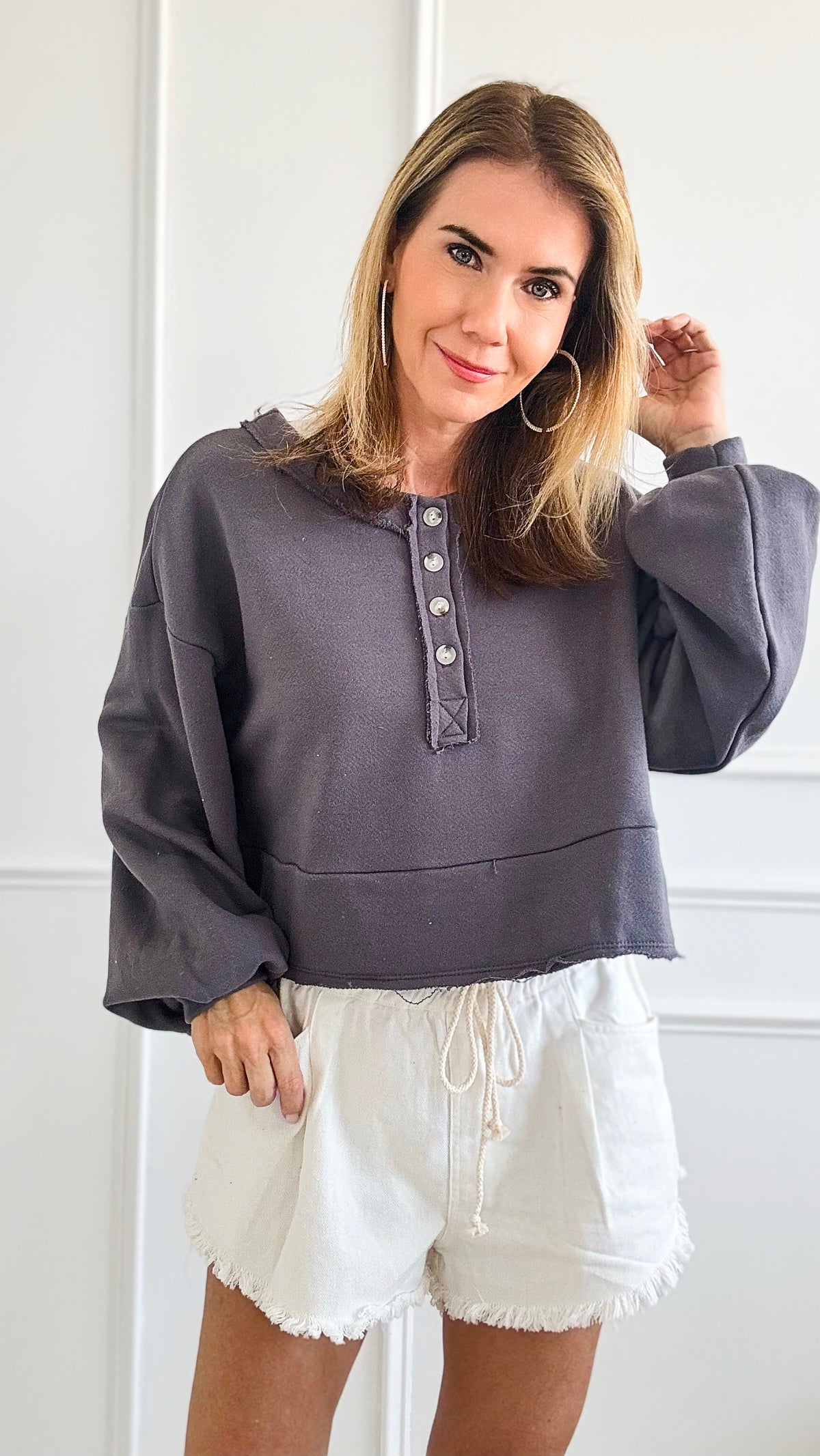 Button-up Crop Long Sleeves Top - Charcoal-130 Long Sleeve Tops-BucketList-Coastal Bloom Boutique, find the trendiest versions of the popular styles and looks Located in Indialantic, FL