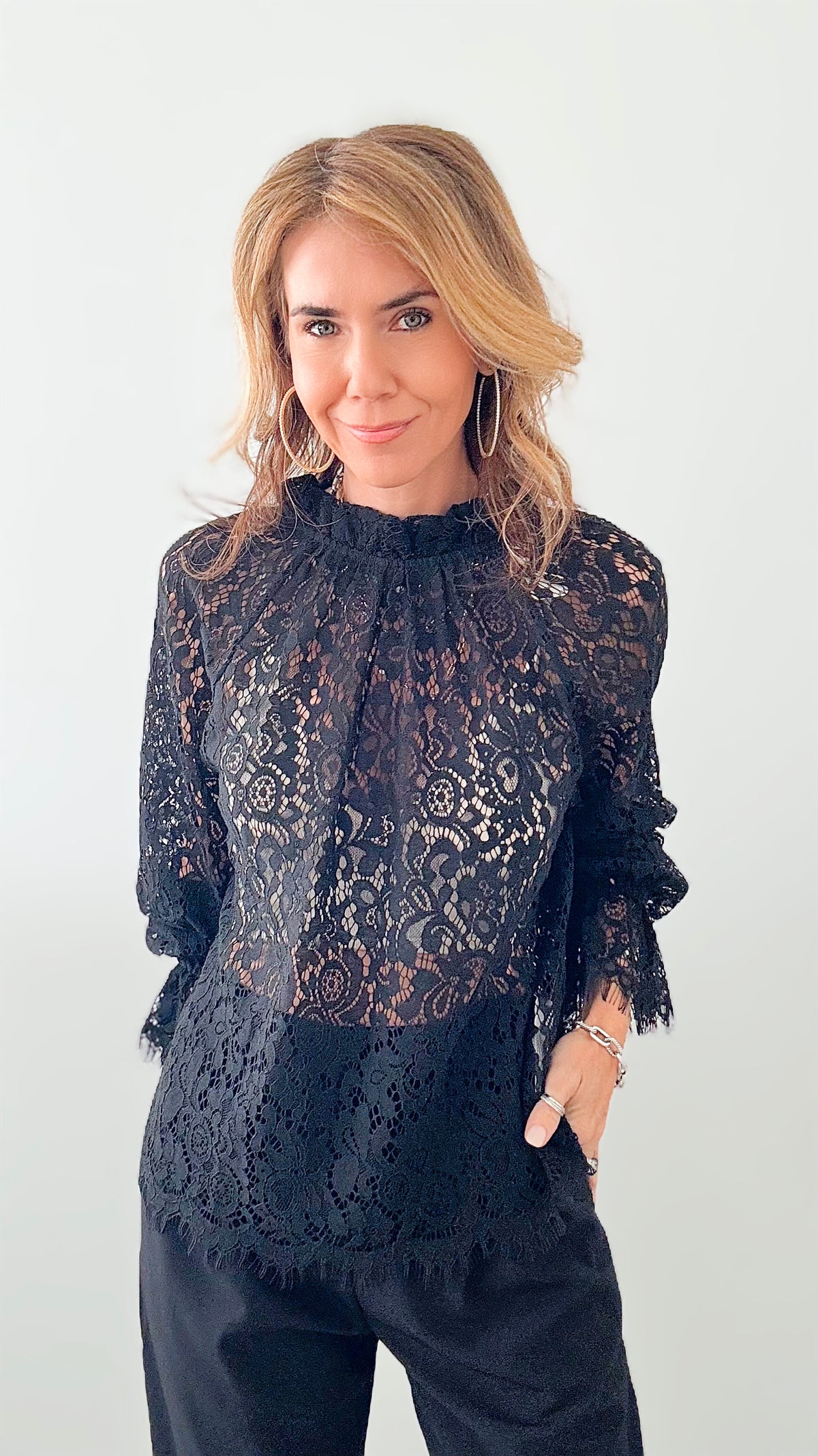 Lace High Collar Blouse - Black-130 Long Sleeve Tops-Glam-Coastal Bloom Boutique, find the trendiest versions of the popular styles and looks Located in Indialantic, FL