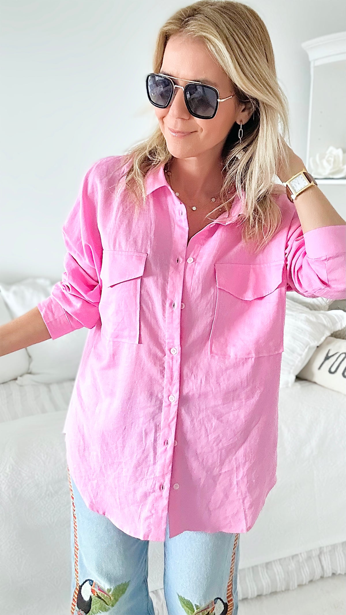 Oversized Double Pocket Blouse - Pink-130 Long Sleeve Tops-Love Tree Fashion-Coastal Bloom Boutique, find the trendiest versions of the popular styles and looks Located in Indialantic, FL