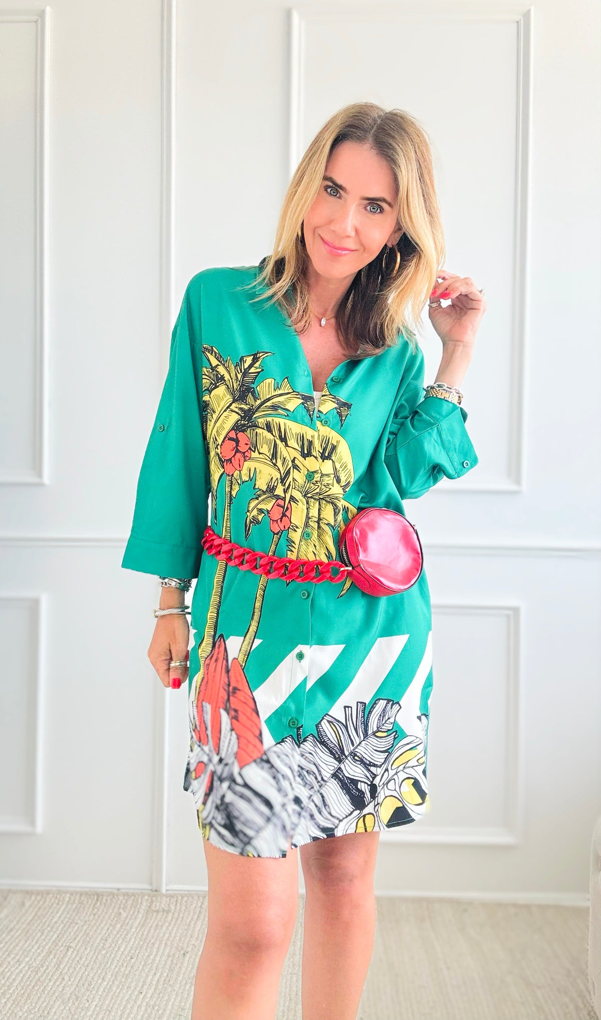 Tropical Graphic Button Down Tunic-Green-200 dresses/jumpsuits/rompers-pastel design-Coastal Bloom Boutique, find the trendiest versions of the popular styles and looks Located in Indialantic, FL
