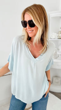 One Fine Day Italian V Neck Top - Powder Blue-110 Short Sleeve Tops-Germany-Coastal Bloom Boutique, find the trendiest versions of the popular styles and looks Located in Indialantic, FL