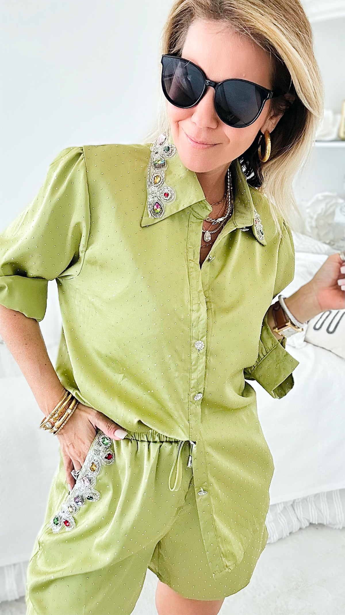 Bella Embellished Silky Set - Green-210 Loungewear/sets-JJ'S FAIRYLAND-Coastal Bloom Boutique, find the trendiest versions of the popular styles and looks Located in Indialantic, FL