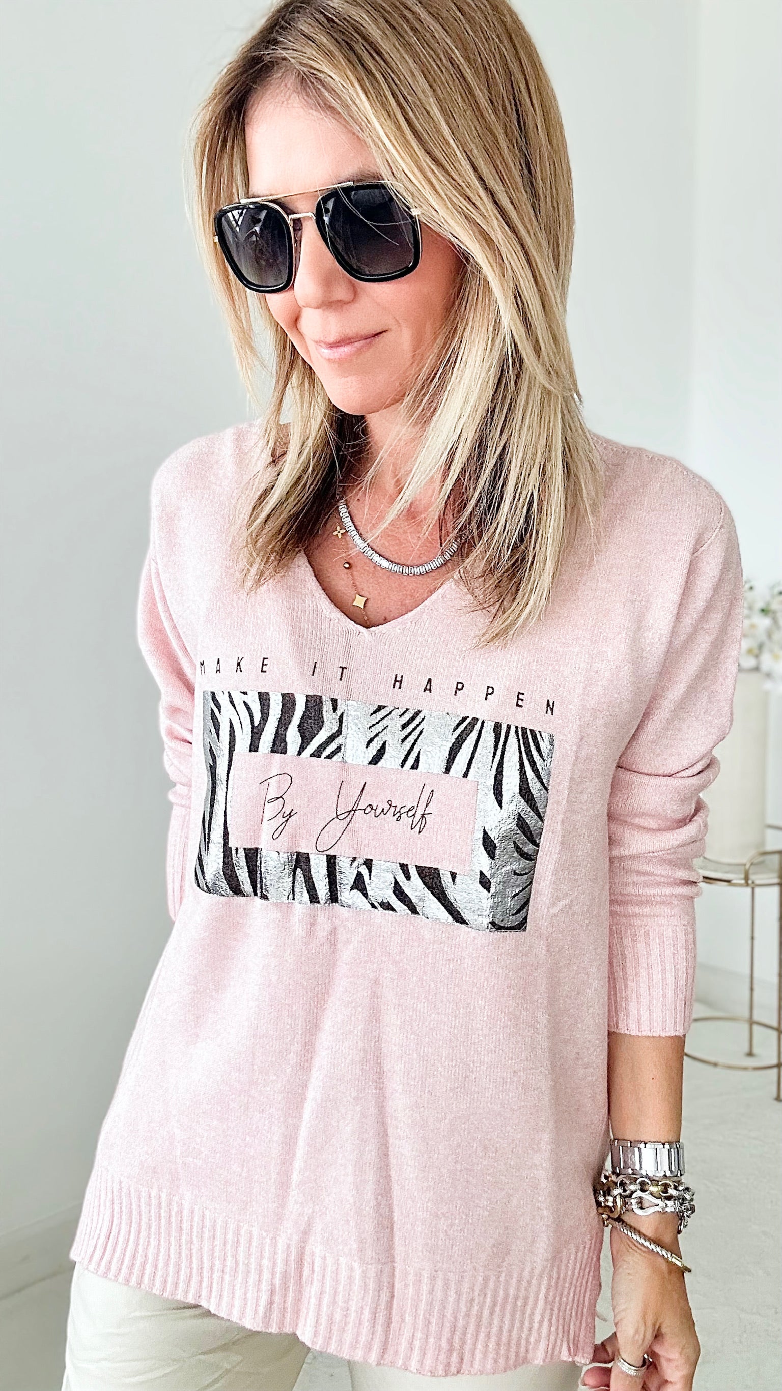 Italian "By Yourself" Sweater Knit Top - Pink-140 Sweaters-Look Mode-Coastal Bloom Boutique, find the trendiest versions of the popular styles and looks Located in Indialantic, FL
