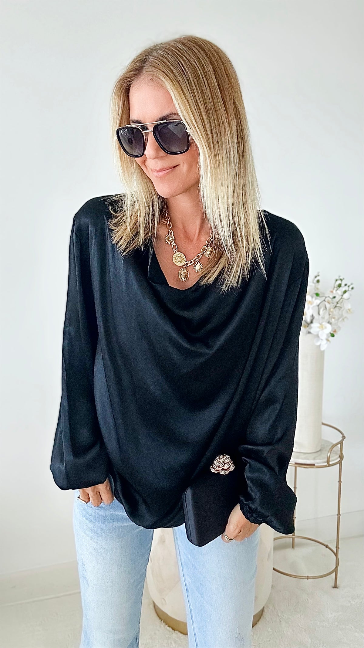Long Sleeve Cowl Neck Italian Blouse - Black-100 Sleeveless Tops-Yolly-Coastal Bloom Boutique, find the trendiest versions of the popular styles and looks Located in Indialantic, FL