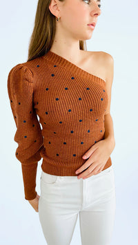 One Shoulder Polka Dot Knit Top-140 Sweaters-entro-Coastal Bloom Boutique, find the trendiest versions of the popular styles and looks Located in Indialantic, FL