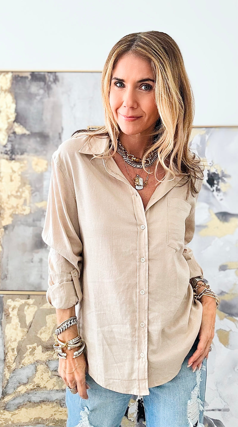 Linen Button Down Top - Khaki-130 Long Sleeve Tops-Love Tree Fashion-Coastal Bloom Boutique, find the trendiest versions of the popular styles and looks Located in Indialantic, FL