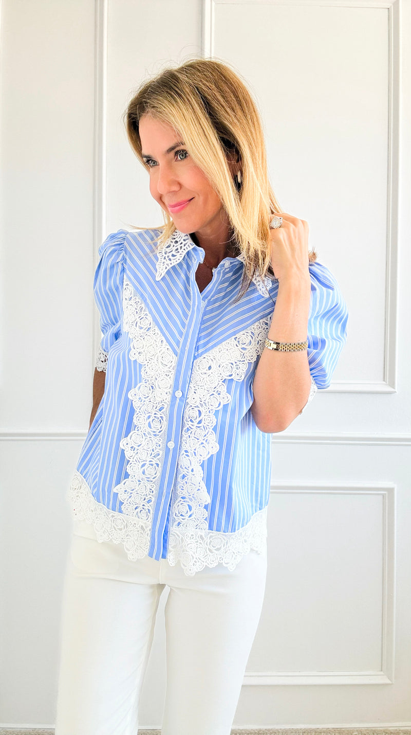 Lace Puff Sleeve Blouse-Blue,White-110 Short Sleeve Tops-pastel design-Coastal Bloom Boutique, find the trendiest versions of the popular styles and looks Located in Indialantic, FL