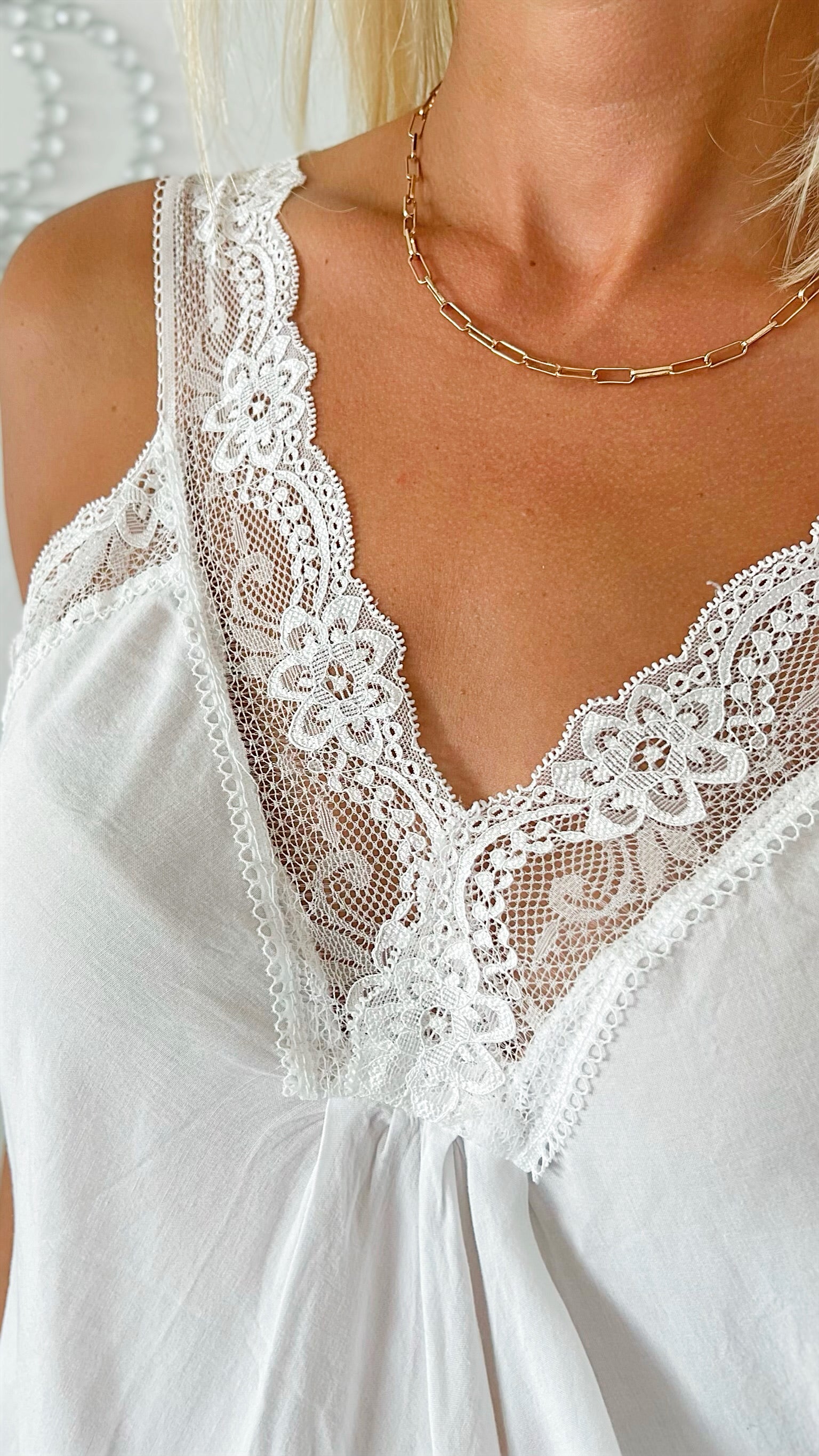 Italian Elegant Lace Trim Cami - White-100 Sleeveless Tops-Germany-Coastal Bloom Boutique, find the trendiest versions of the popular styles and looks Located in Indialantic, FL