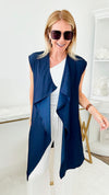 Waterfall Lapel Satin Vest - Navy-150 Cardigans/Layers-Wona-Coastal Bloom Boutique, find the trendiest versions of the popular styles and looks Located in Indialantic, FL