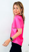 Vegan Leather Metallic Button Down Top - Hot Pink-110 Short Sleeve Tops-Dolce Cabo-Coastal Bloom Boutique, find the trendiest versions of the popular styles and looks Located in Indialantic, FL