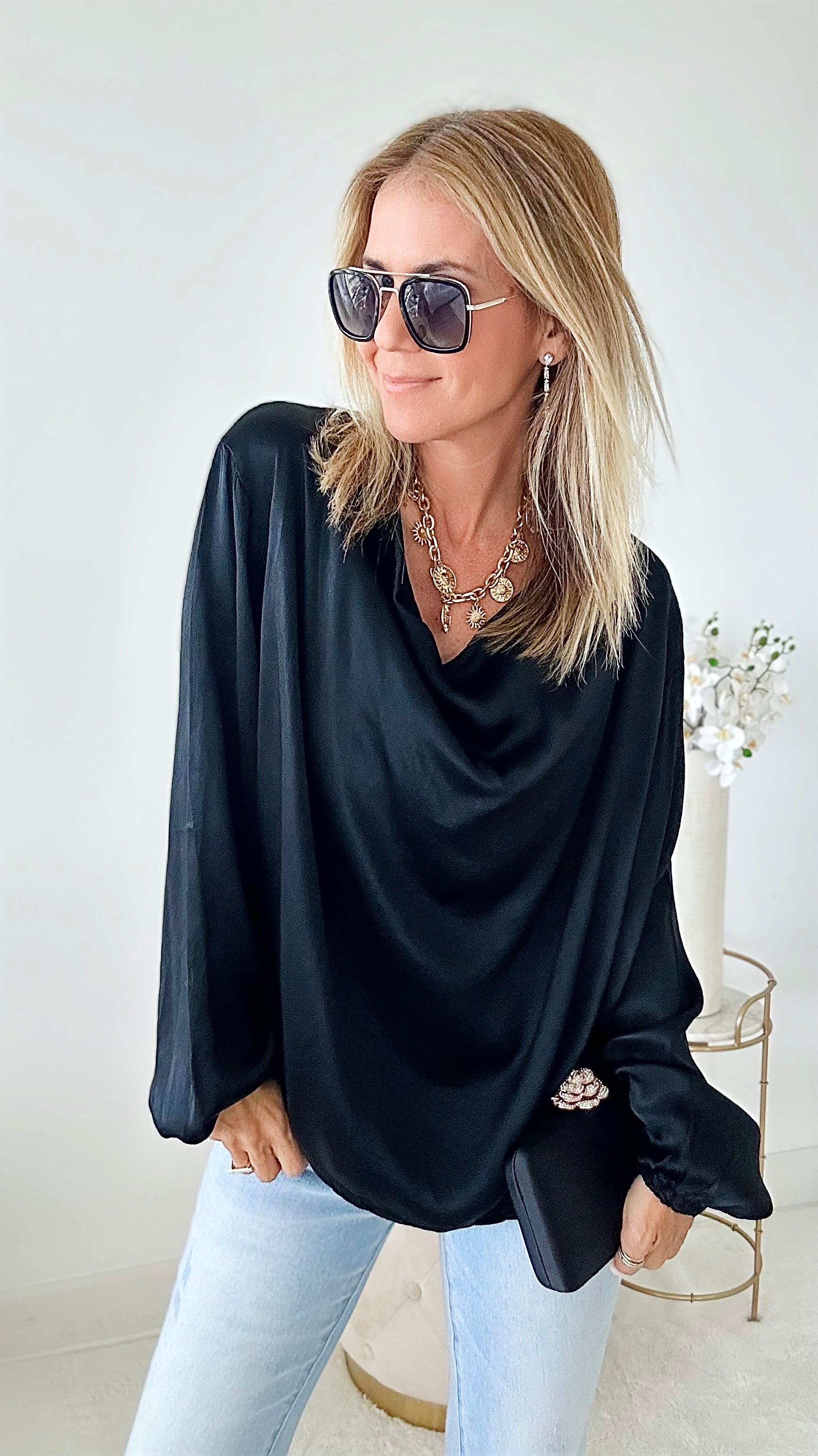 Long Sleeve Cowl Neck Italian Blouse - Black-130 Long Sleeve Tops-Germany-Coastal Bloom Boutique, find the trendiest versions of the popular styles and looks Located in Indialantic, FL