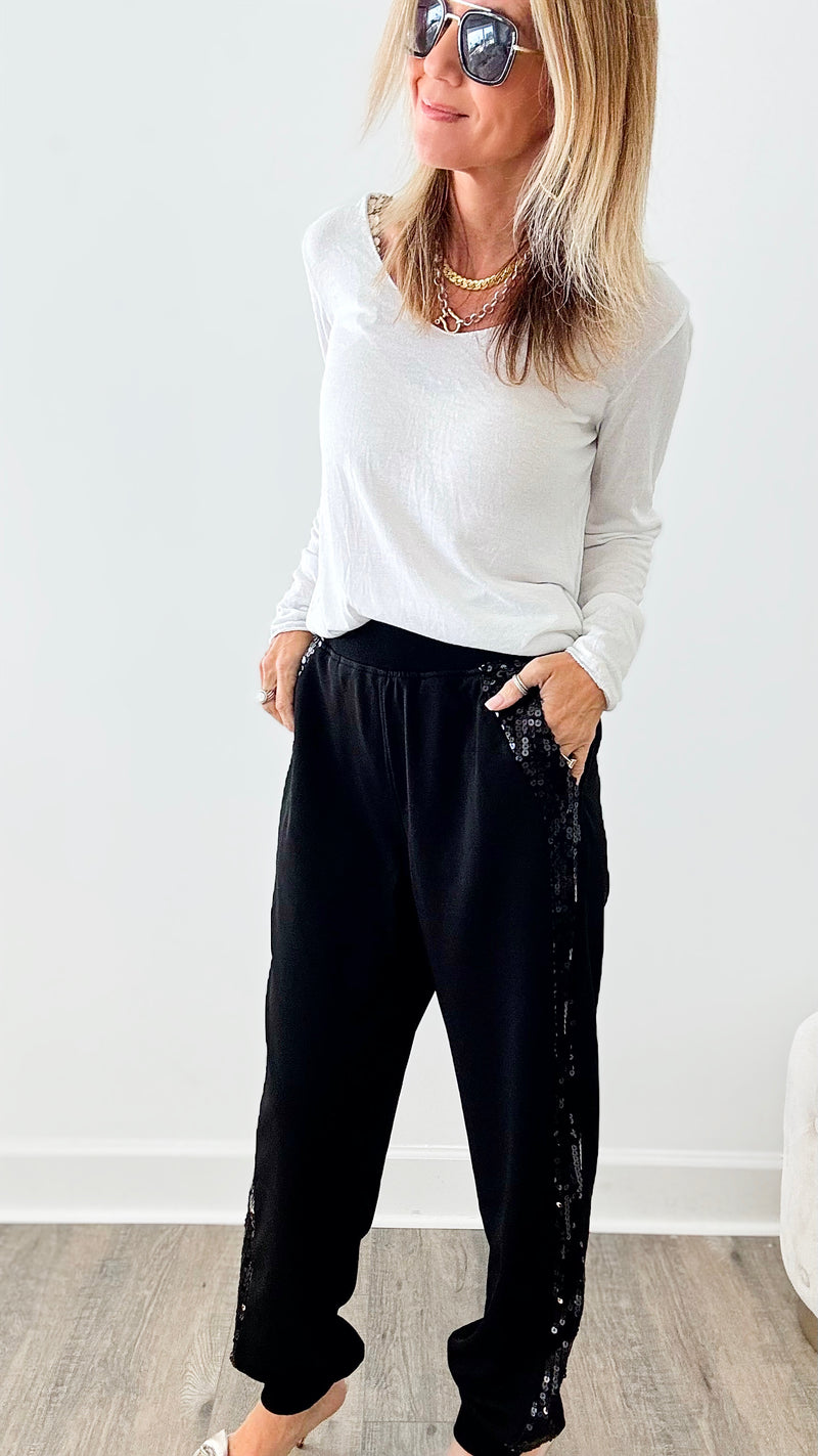 Sequin Side Stripe Joggers - Black-170 Bottoms-GIGIO-Coastal Bloom Boutique, find the trendiest versions of the popular styles and looks Located in Indialantic, FL