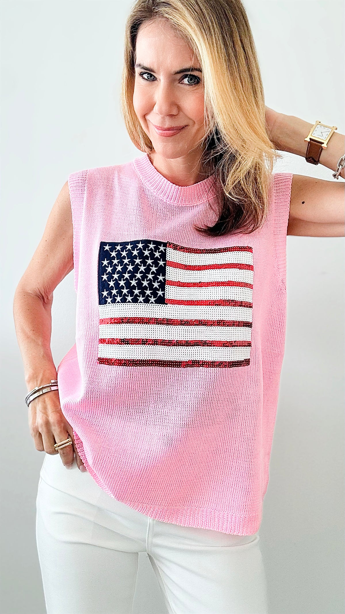 Sleeveless Sequined Flag Knit Vest Top - Pink-100 Sleeveless Tops-BIBI-Coastal Bloom Boutique, find the trendiest versions of the popular styles and looks Located in Indialantic, FL