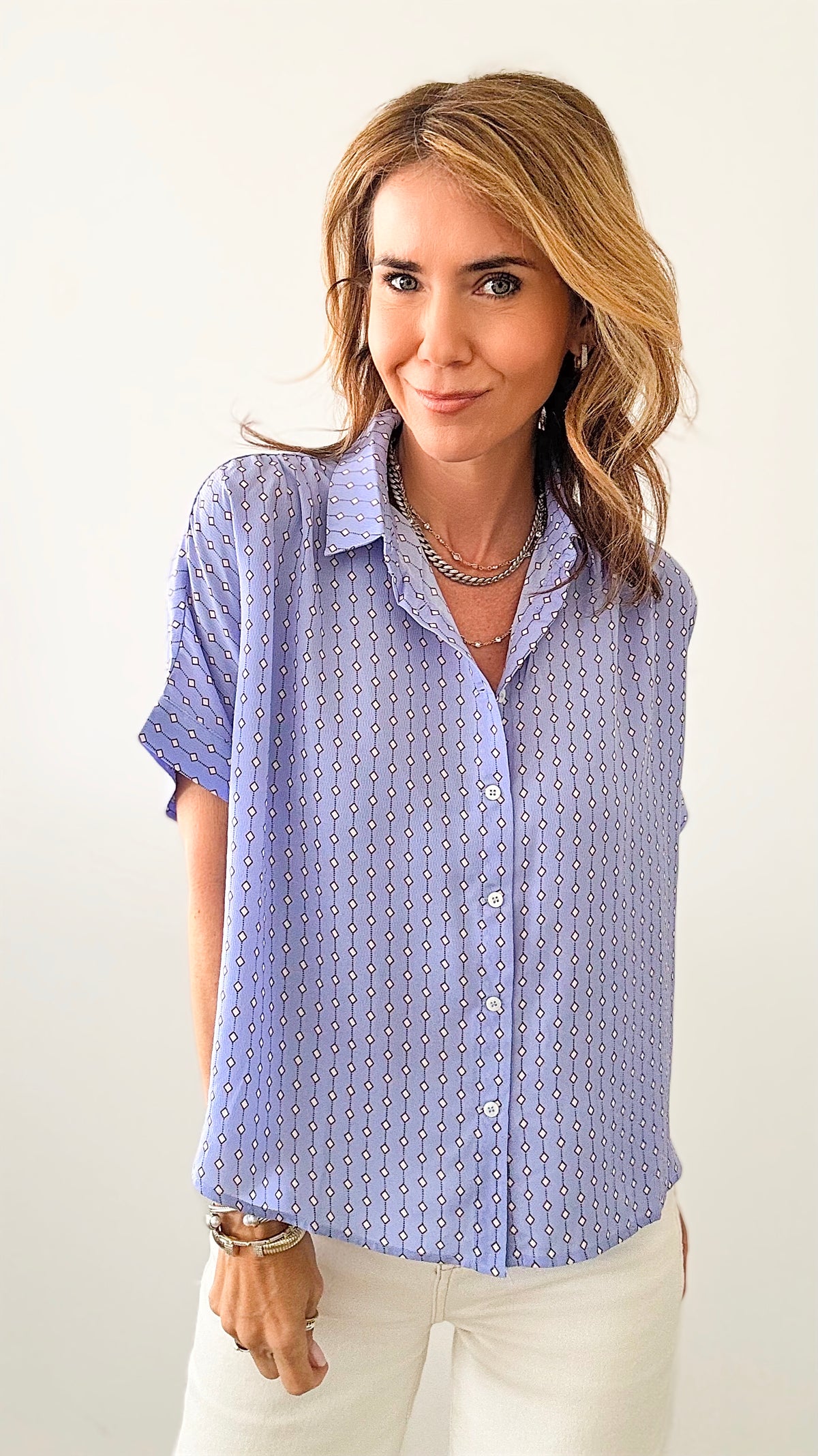 Station Printed Button Down Top-Periwinkle-110 Short Sleeve Tops-EESOME-Coastal Bloom Boutique, find the trendiest versions of the popular styles and looks Located in Indialantic, FL