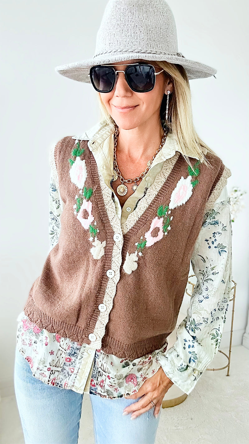 Flower Knit Sweater Vest- Chocolate-140 Sweaters-pol-Coastal Bloom Boutique, find the trendiest versions of the popular styles and looks Located in Indialantic, FL