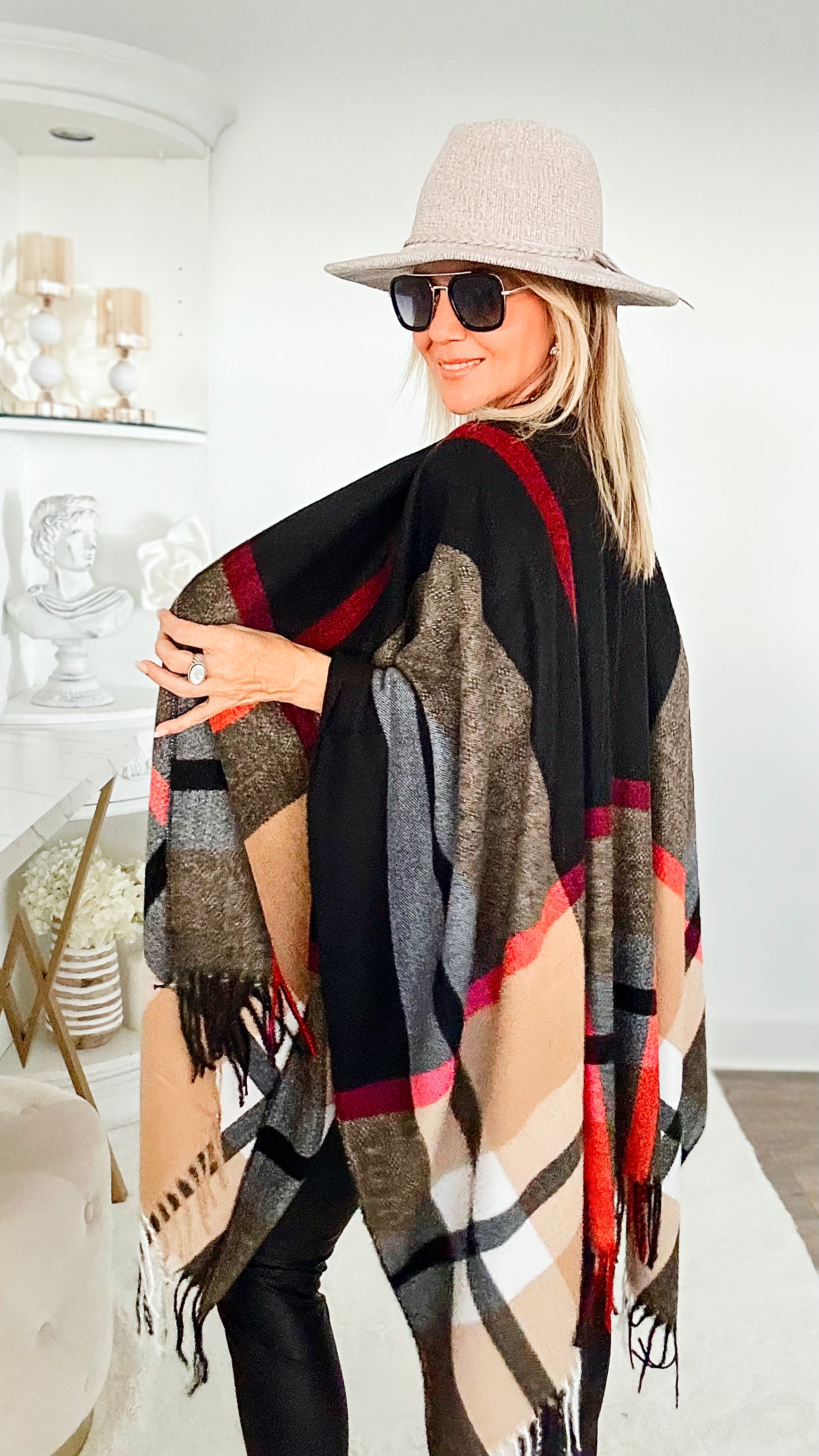 Plaid Fringe Open Front Wrap-150 Cardigans/Layers-Rousseau-Coastal Bloom Boutique, find the trendiest versions of the popular styles and looks Located in Indialantic, FL
