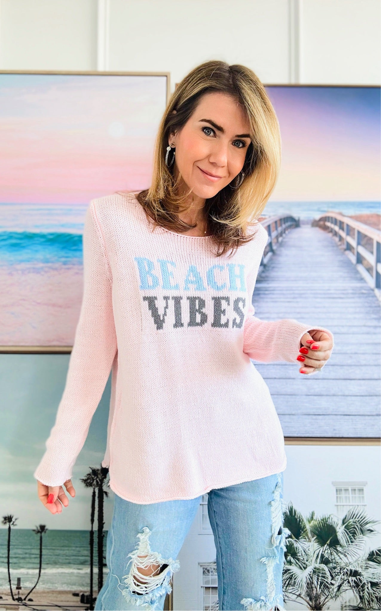 Beach Vibes Knit Sweater - Blush Multi-140 Sweaters-Miracle-Coastal Bloom Boutique, find the trendiest versions of the popular styles and looks Located in Indialantic, FL