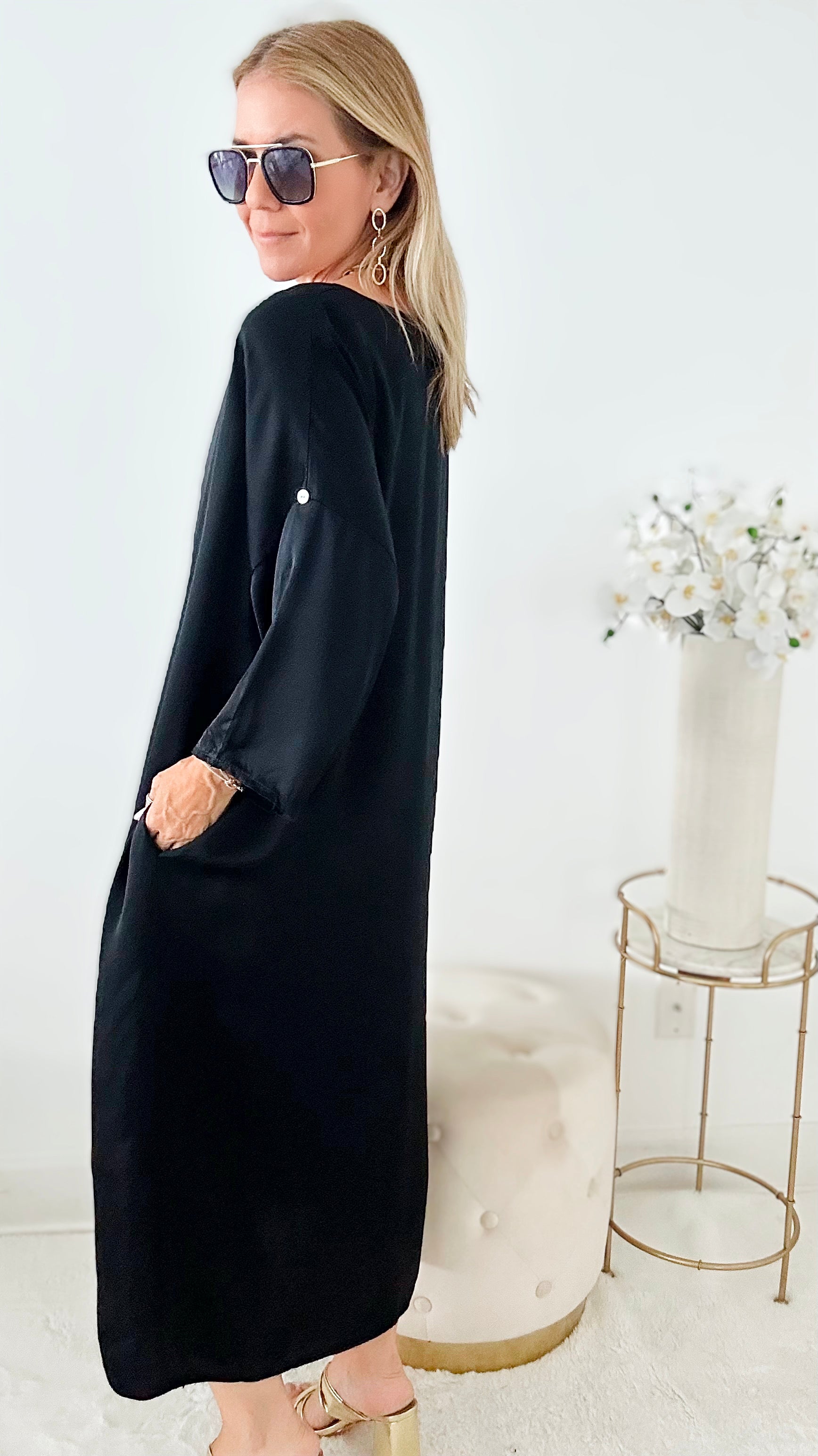 High-Low V-Neck Italian Dress - Black-200 dresses/jumpsuits/rompers-Germany-Coastal Bloom Boutique, find the trendiest versions of the popular styles and looks Located in Indialantic, FL