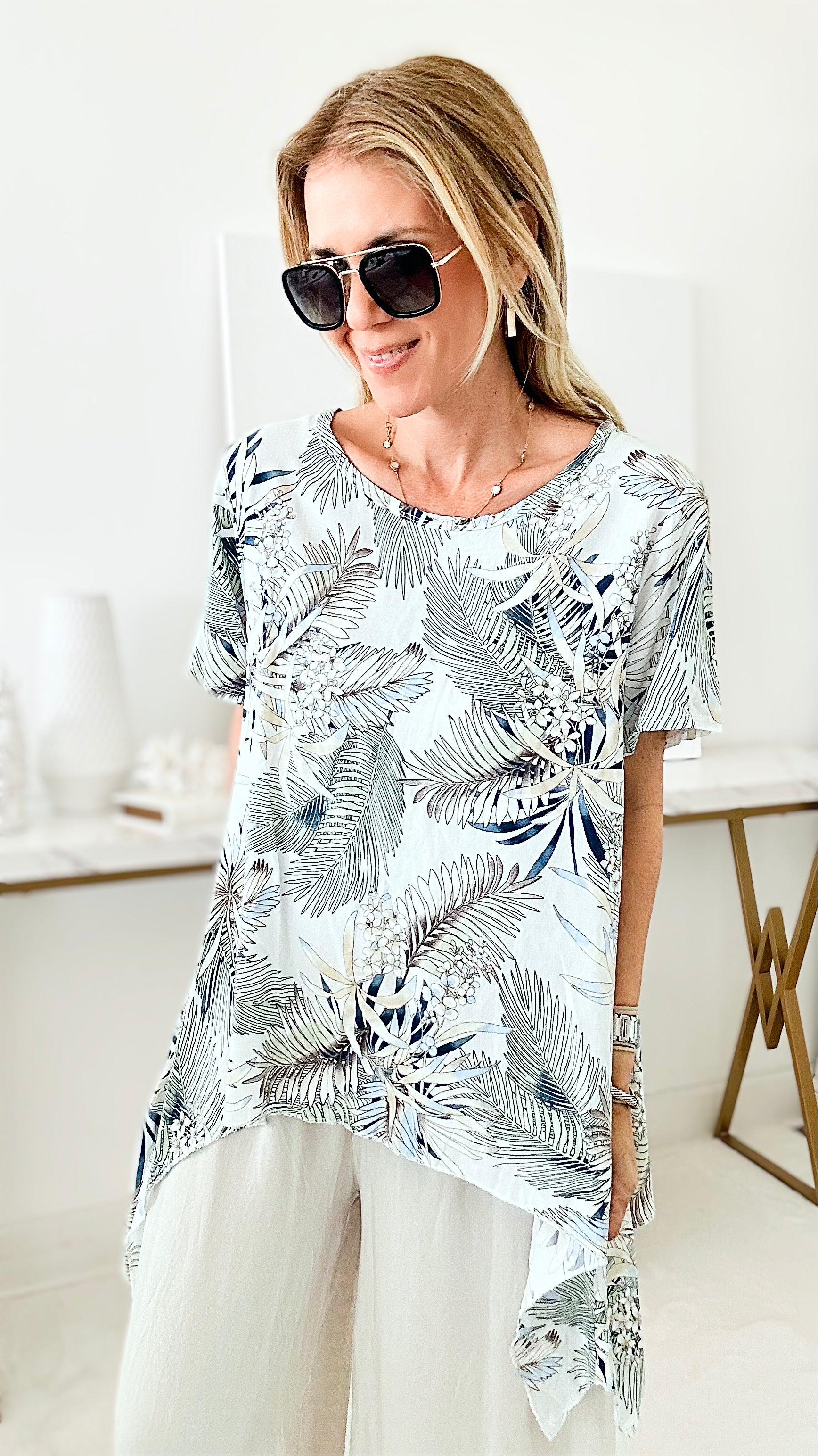 Tropical Palms Italian Top-110 Short Sleeve Tops-Coastal Bloom-Coastal Bloom Boutique, find the trendiest versions of the popular styles and looks Located in Indialantic, FL