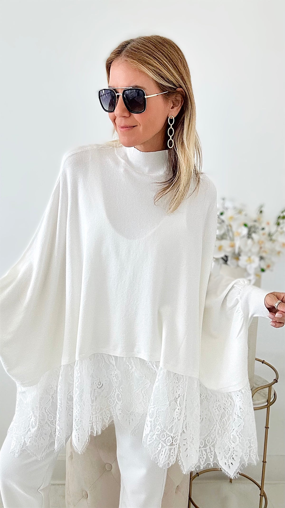 Knit Italian Lace Trim Poncho - White-140 Sweaters-Germany-Coastal Bloom Boutique, find the trendiest versions of the popular styles and looks Located in Indialantic, FL