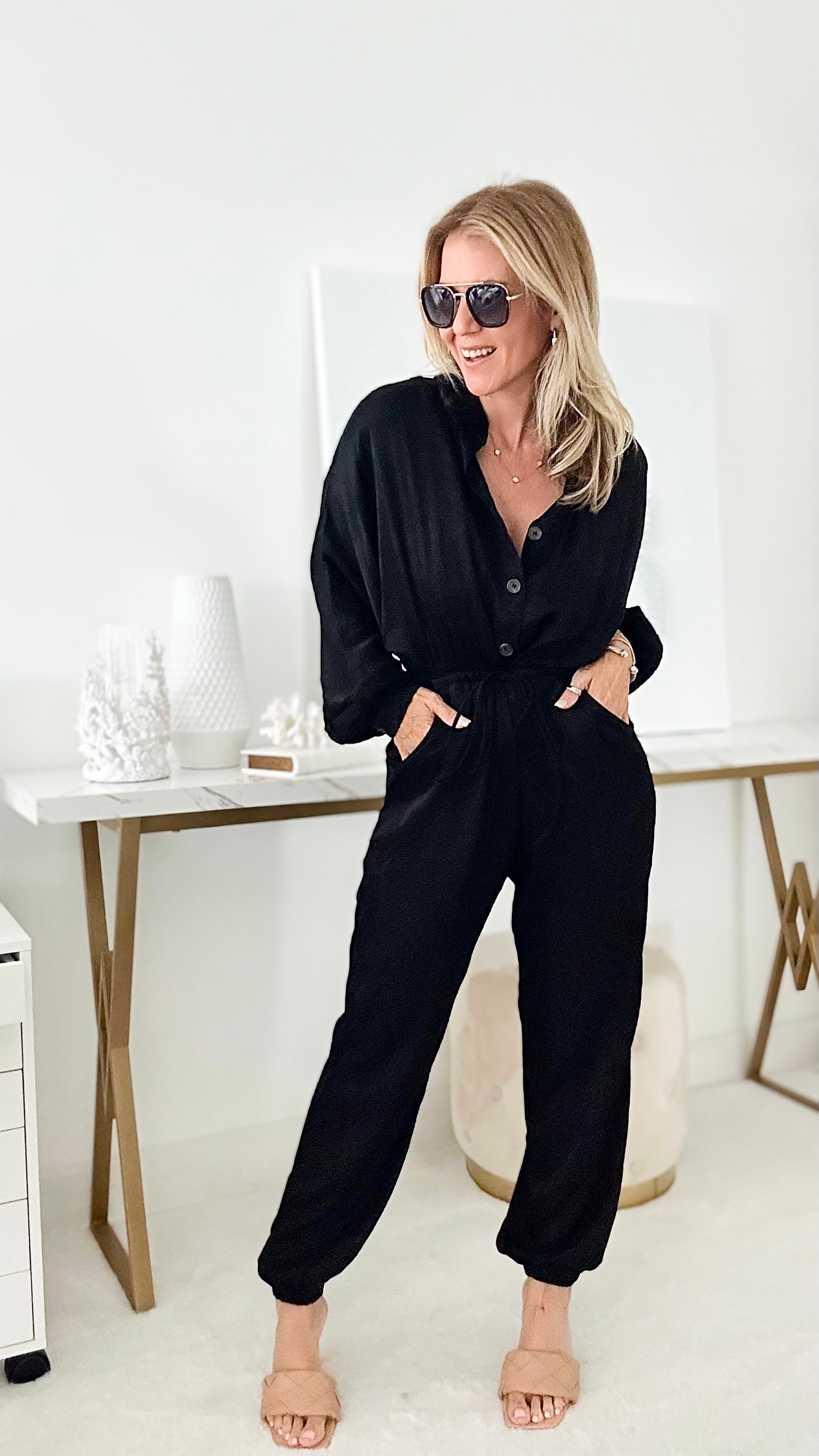 Ready to Go Drawstring Jumpsuit - Black-200 dresses/jumpsuits/rompers-HYFVE-Coastal Bloom Boutique, find the trendiest versions of the popular styles and looks Located in Indialantic, FL