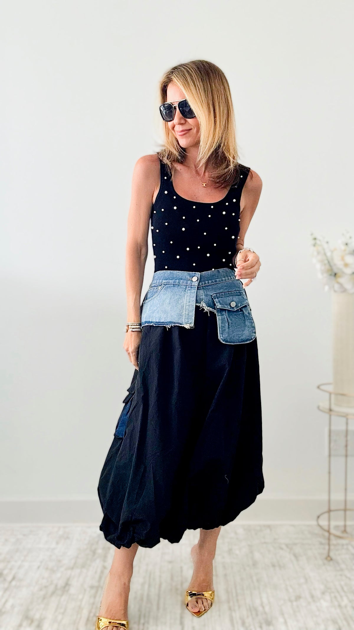 Denim Contrast Balloon Skirt - Black/Blue-170 Bottoms-LA ROS-Coastal Bloom Boutique, find the trendiest versions of the popular styles and looks Located in Indialantic, FL