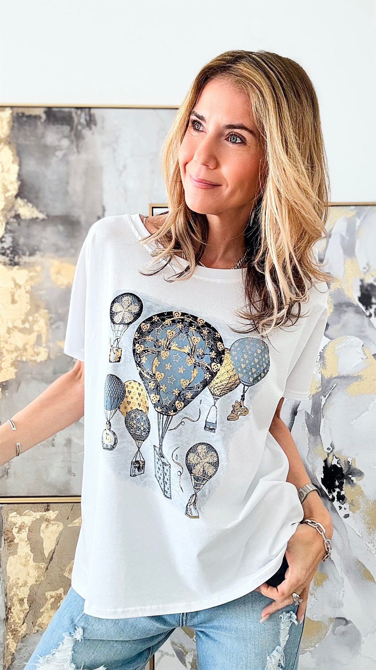 Trouble In The Sky Italian Graphic Tee - White/Blue-110 Short Sleeve Tops-Germany-Coastal Bloom Boutique, find the trendiest versions of the popular styles and looks Located in Indialantic, FL