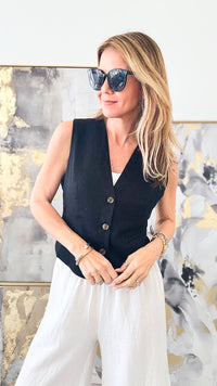 Linen Button Down Vest Top - Black-160 Jackets-LOVE TREE-Coastal Bloom Boutique, find the trendiest versions of the popular styles and looks Located in Indialantic, FL