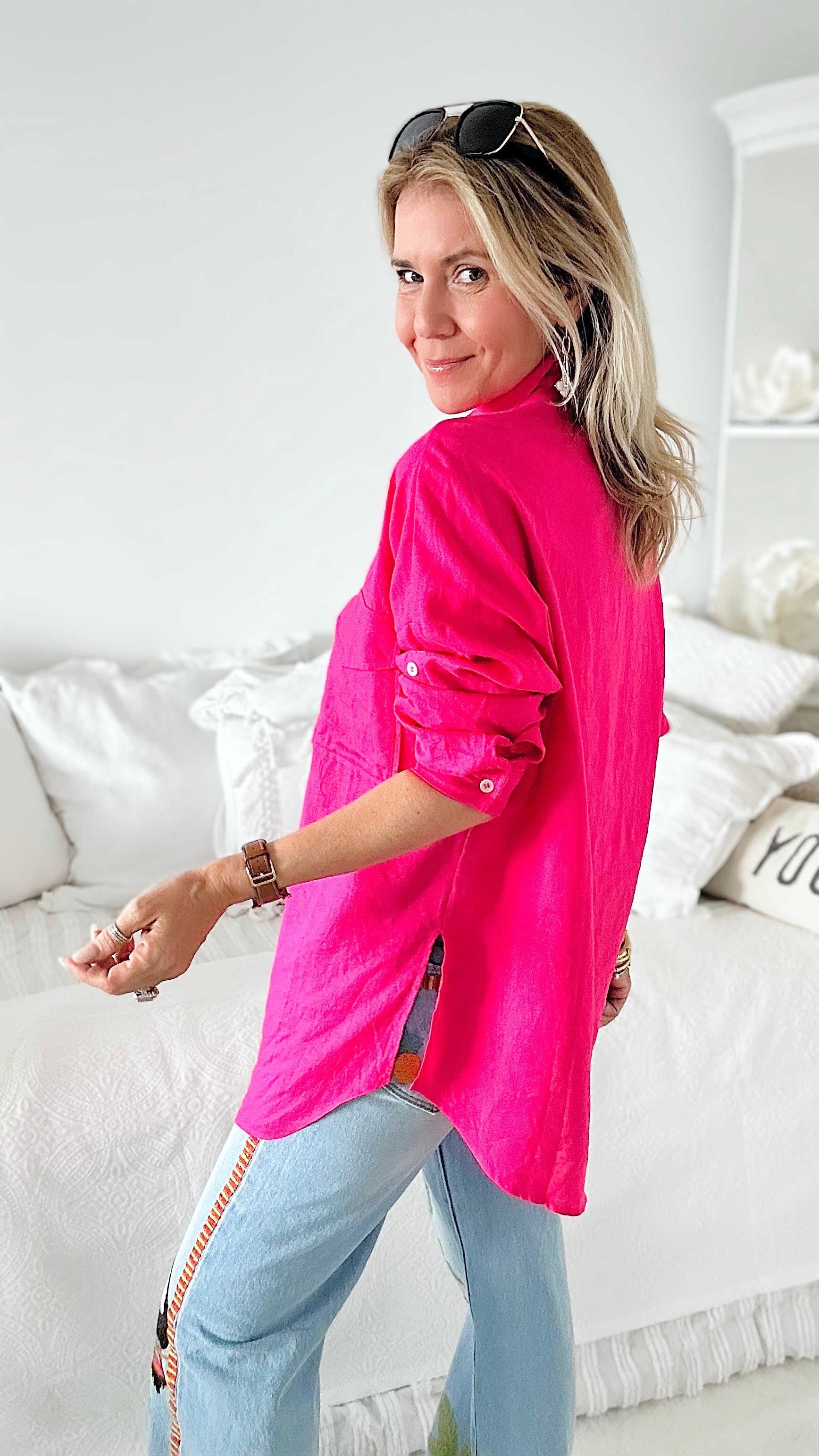 Oversized Double Pocket Blouse - Fuchsia-130 Long Sleeve Tops-Love Tree Fashion-Coastal Bloom Boutique, find the trendiest versions of the popular styles and looks Located in Indialantic, FL