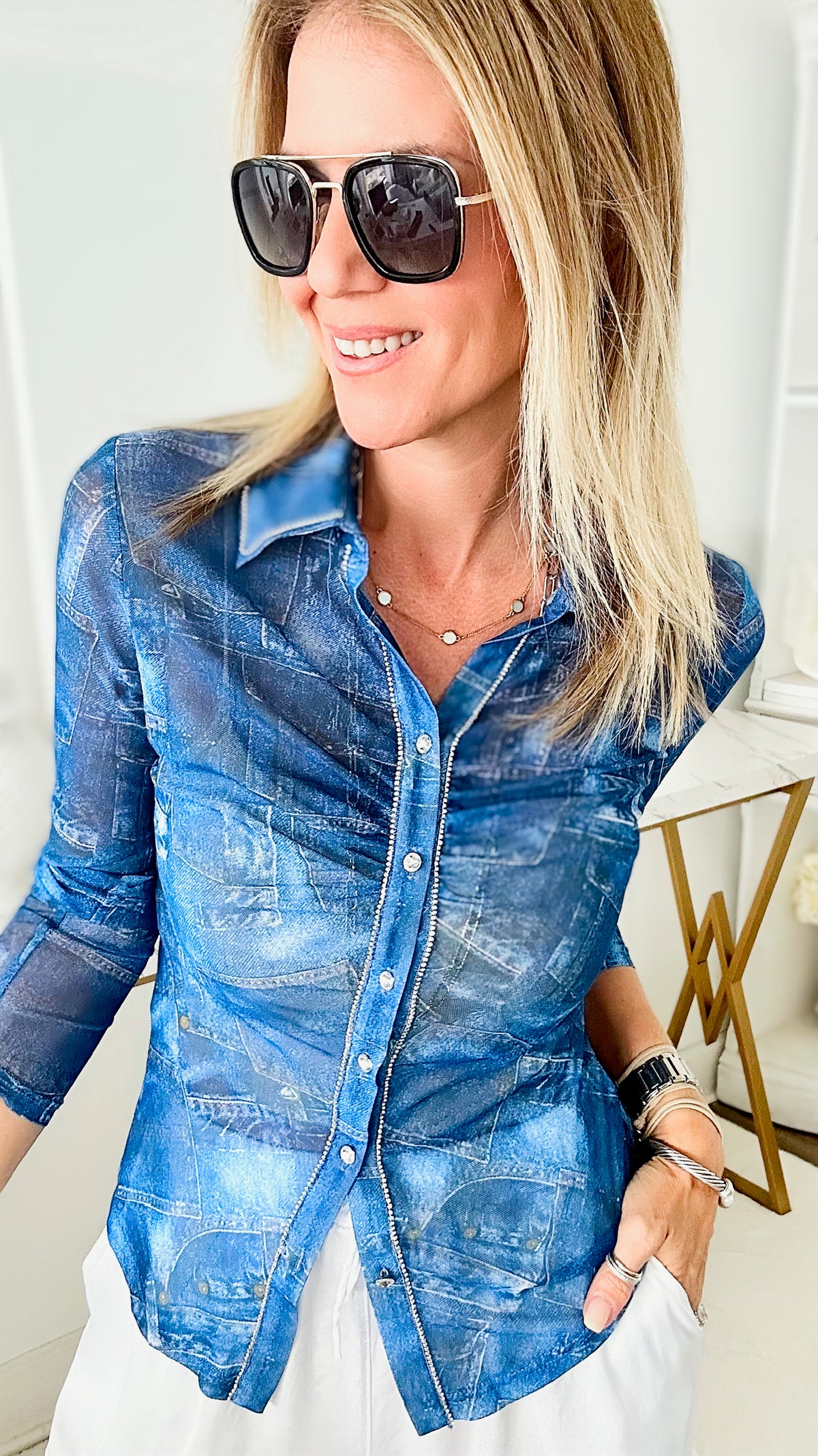 Not Quite Denim Sheer Ruched Button Up Top-130 Long Sleeve Tops-pastel design-Coastal Bloom Boutique, find the trendiest versions of the popular styles and looks Located in Indialantic, FL