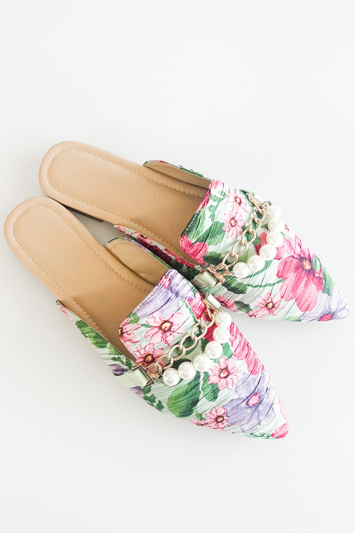 Floral Chain & Pearl Flat Mules-250 Shoes-Darling-Coastal Bloom Boutique, find the trendiest versions of the popular styles and looks Located in Indialantic, FL