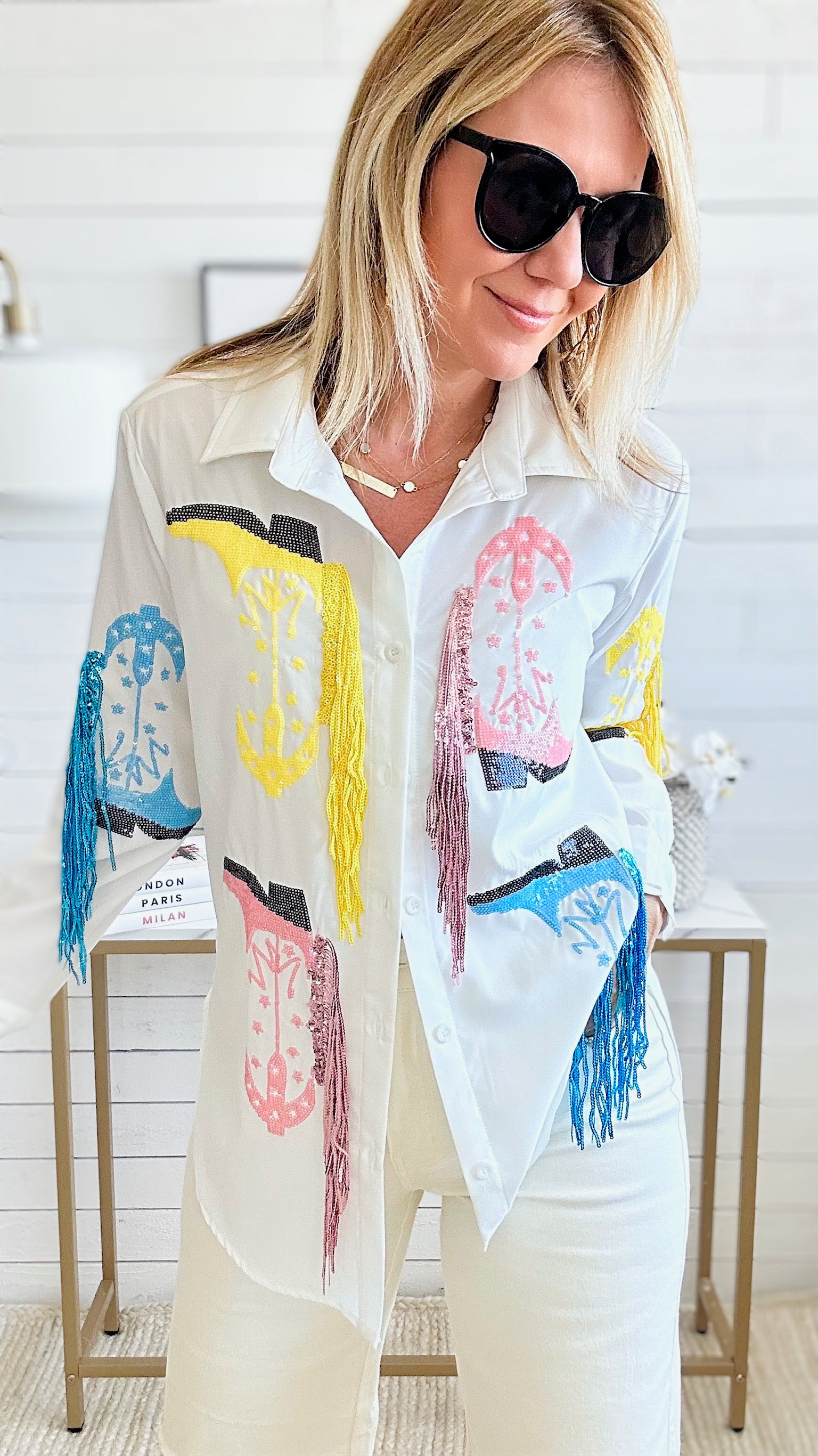 Cowboy Boot Sequin Fringe Button Down Top - White-130 Long Sleeve Tops-BLUE B-Coastal Bloom Boutique, find the trendiest versions of the popular styles and looks Located in Indialantic, FL