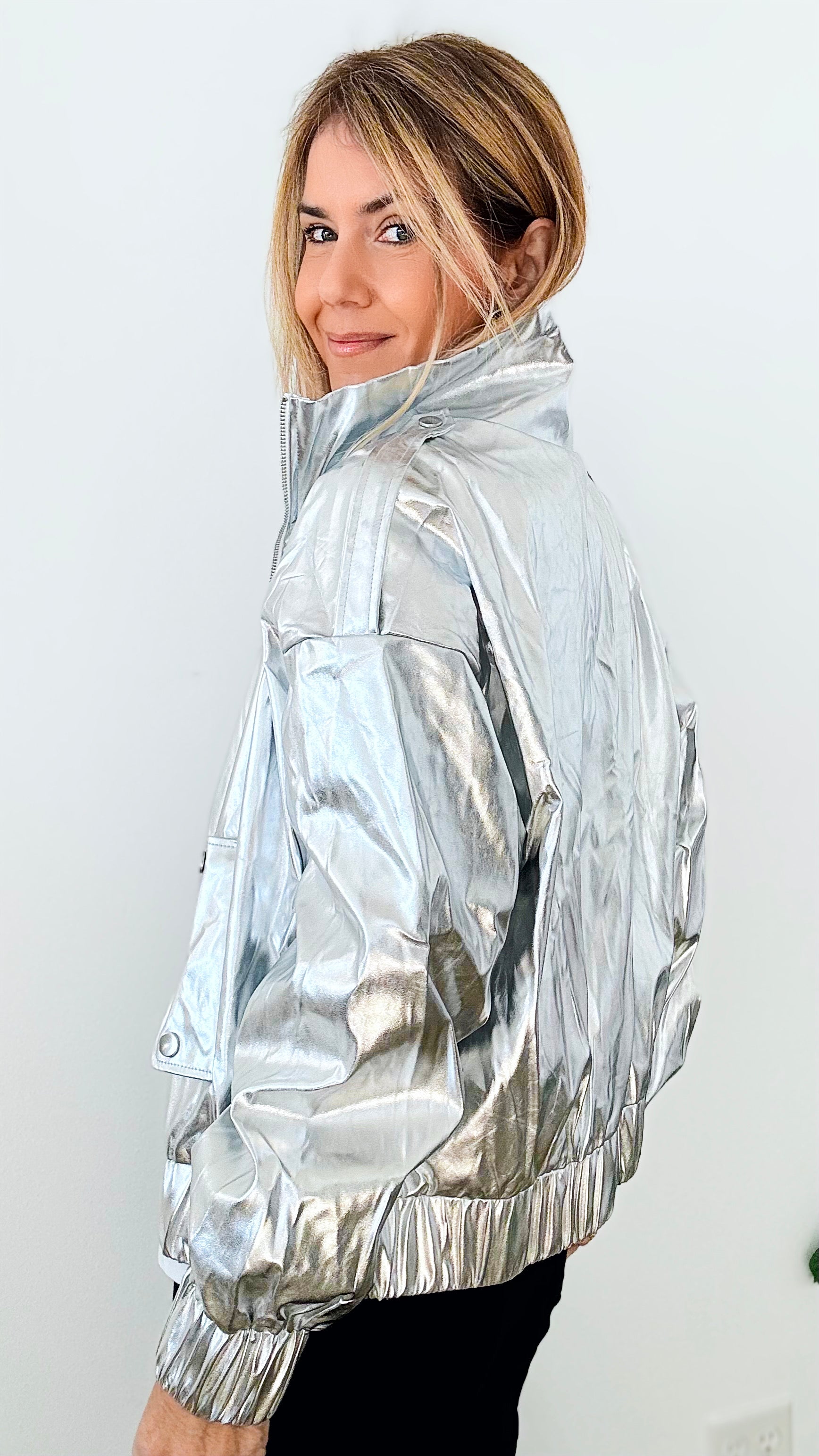 Ground Control Metallic Bomber Jacket - Silver-160 Jackets-Beston-Coastal Bloom Boutique, find the trendiest versions of the popular styles and looks Located in Indialantic, FL