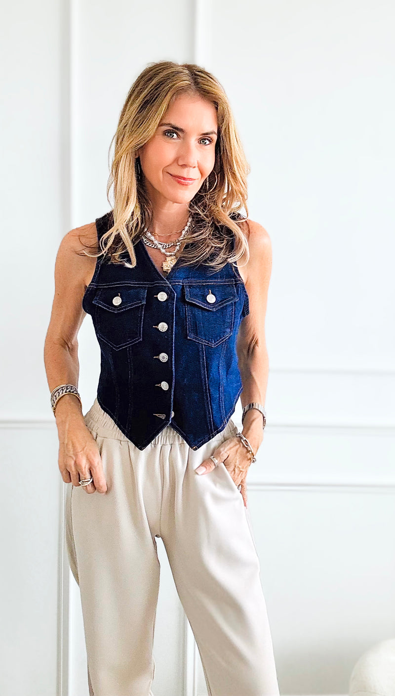 Denim Vest Whit Pocket Details-100 Sleeveless Tops-Edit By Nine-Coastal Bloom Boutique, find the trendiest versions of the popular styles and looks Located in Indialantic, FL