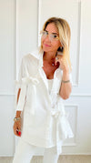 Bow Applique Buttoned Down Blouse -White-110 Short Sleeve Tops-JJ'S FAIRYLAND-Coastal Bloom Boutique, find the trendiest versions of the popular styles and looks Located in Indialantic, FL