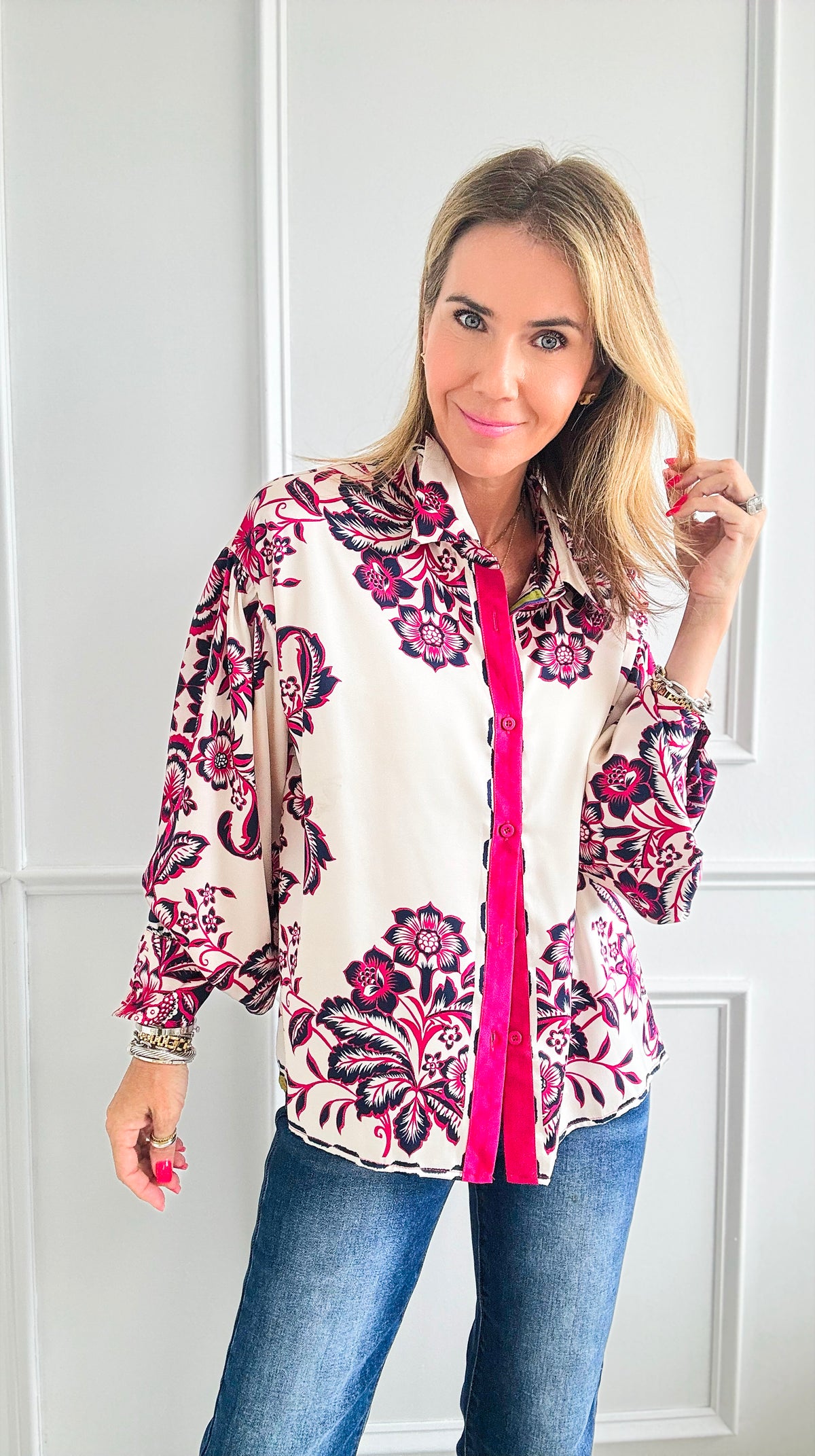 Floral Button Down Shirt Blouse-130 Long Sleeve Tops-Fate By LFD-Coastal Bloom Boutique, find the trendiest versions of the popular styles and looks Located in Indialantic, FL