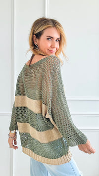 Metallic Stripe Italian Crochet - Olive-170 Bottoms-Italianissimo-Coastal Bloom Boutique, find the trendiest versions of the popular styles and looks Located in Indialantic, FL