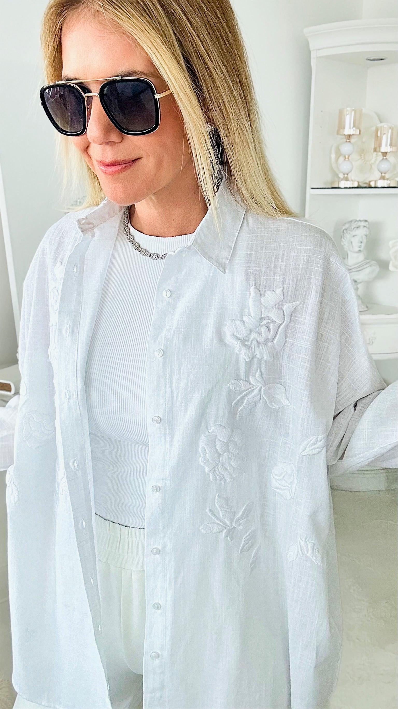 Barely There Embroidered Cotton Button Up Top-130 Long Sleeve Tops-TOUCHE PRIVE-Coastal Bloom Boutique, find the trendiest versions of the popular styles and looks Located in Indialantic, FL