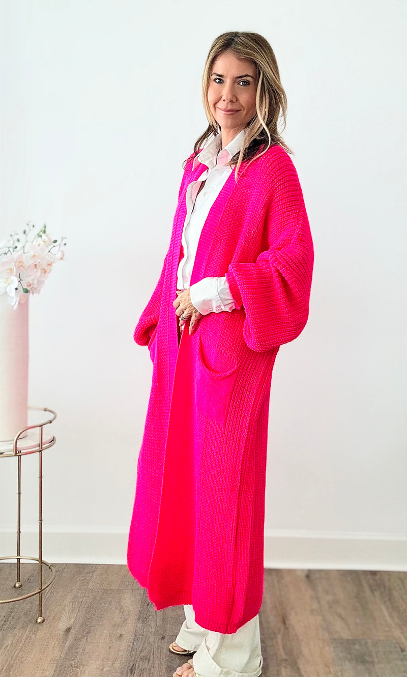 Sugar High Long Italian Cardigan - Hot Pink-150 Cardigans/Layers-Italianissimo-Coastal Bloom Boutique, find the trendiest versions of the popular styles and looks Located in Indialantic, FL