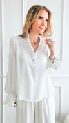 Satin Ruffle Button Down Top - White-130 Long Sleeve Tops-she+sky-Coastal Bloom Boutique, find the trendiest versions of the popular styles and looks Located in Indialantic, FL