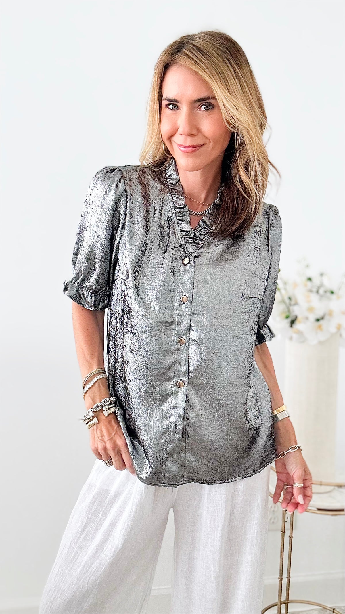 Metallic Ruffle Detailed Blouse - Silver-110 Short Sleeve Tops-original usa-Coastal Bloom Boutique, find the trendiest versions of the popular styles and looks Located in Indialantic, FL