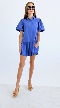 Puff Sleeves Button Down Dress - Periwinkle-200 dresses/jumpsuits/rompers-FSL APPAREL-Coastal Bloom Boutique, find the trendiest versions of the popular styles and looks Located in Indialantic, FL