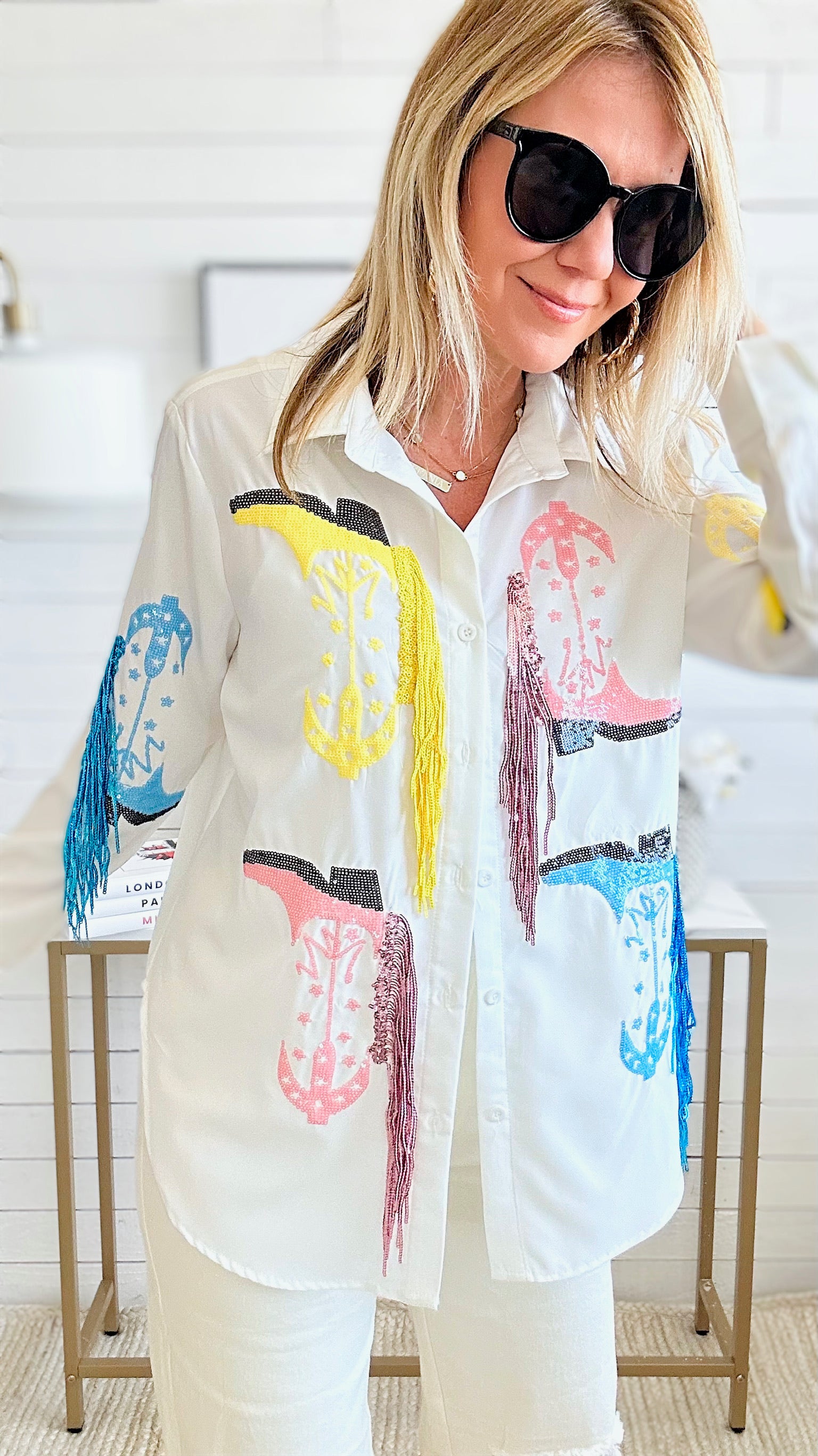 Cowboy Boot Sequin Fringe Button Down Top - White-130 Long Sleeve Tops-BLUE B-Coastal Bloom Boutique, find the trendiest versions of the popular styles and looks Located in Indialantic, FL