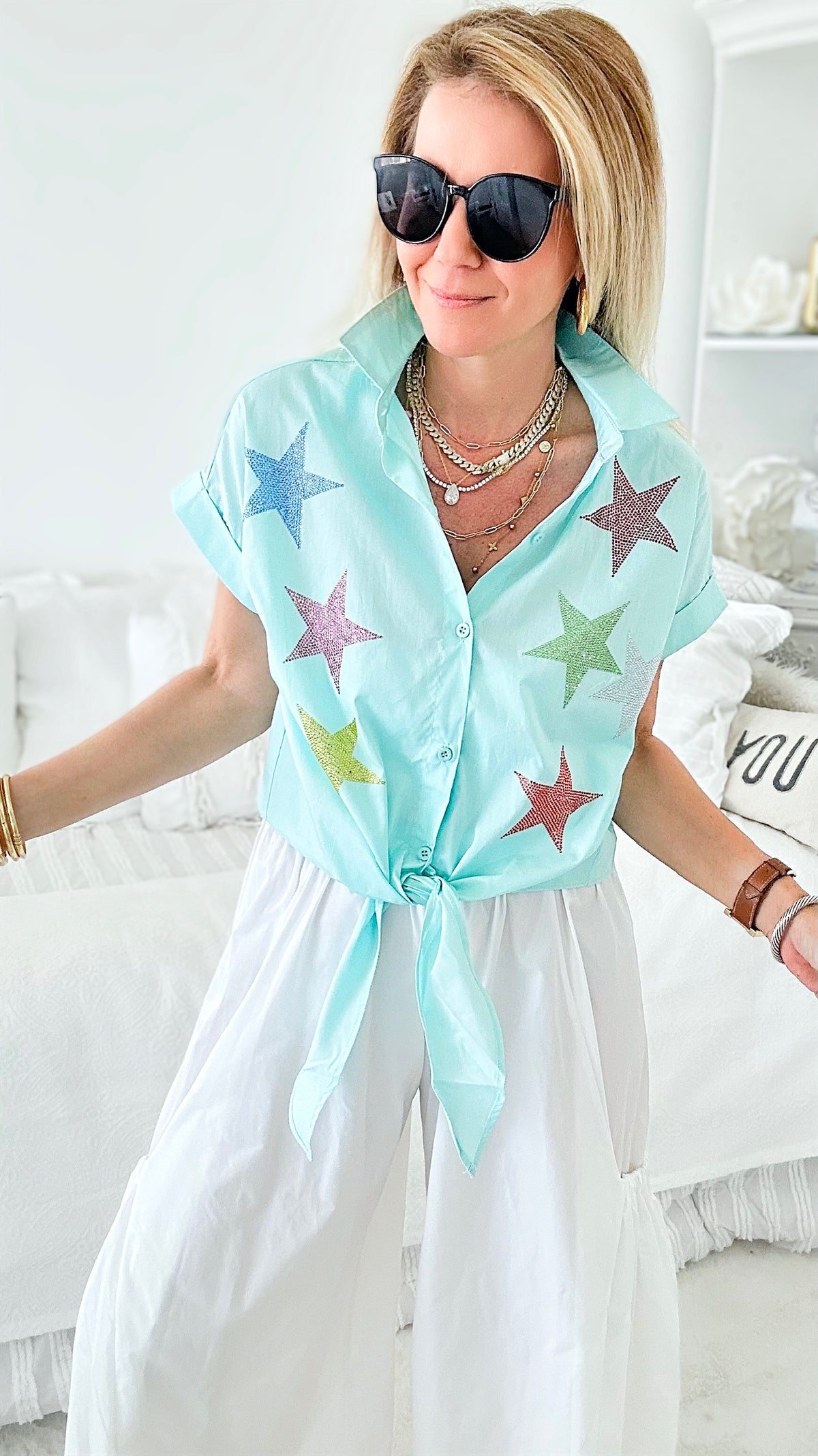 Stardom Buttoned Down Shirt-110 short Sleeve Top-PASTEL DESIGN-Coastal Bloom Boutique, find the trendiest versions of the popular styles and looks Located in Indialantic, FL